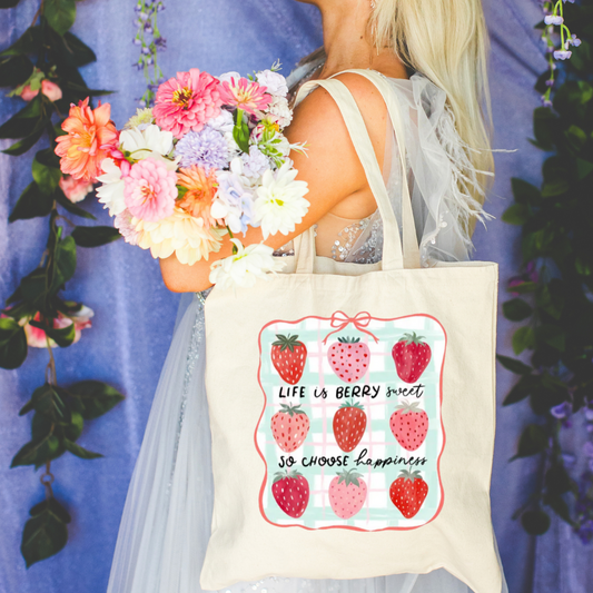 Strawberry Print Tote Bag – “Life is Berry Sweet” Inspirational Shopper