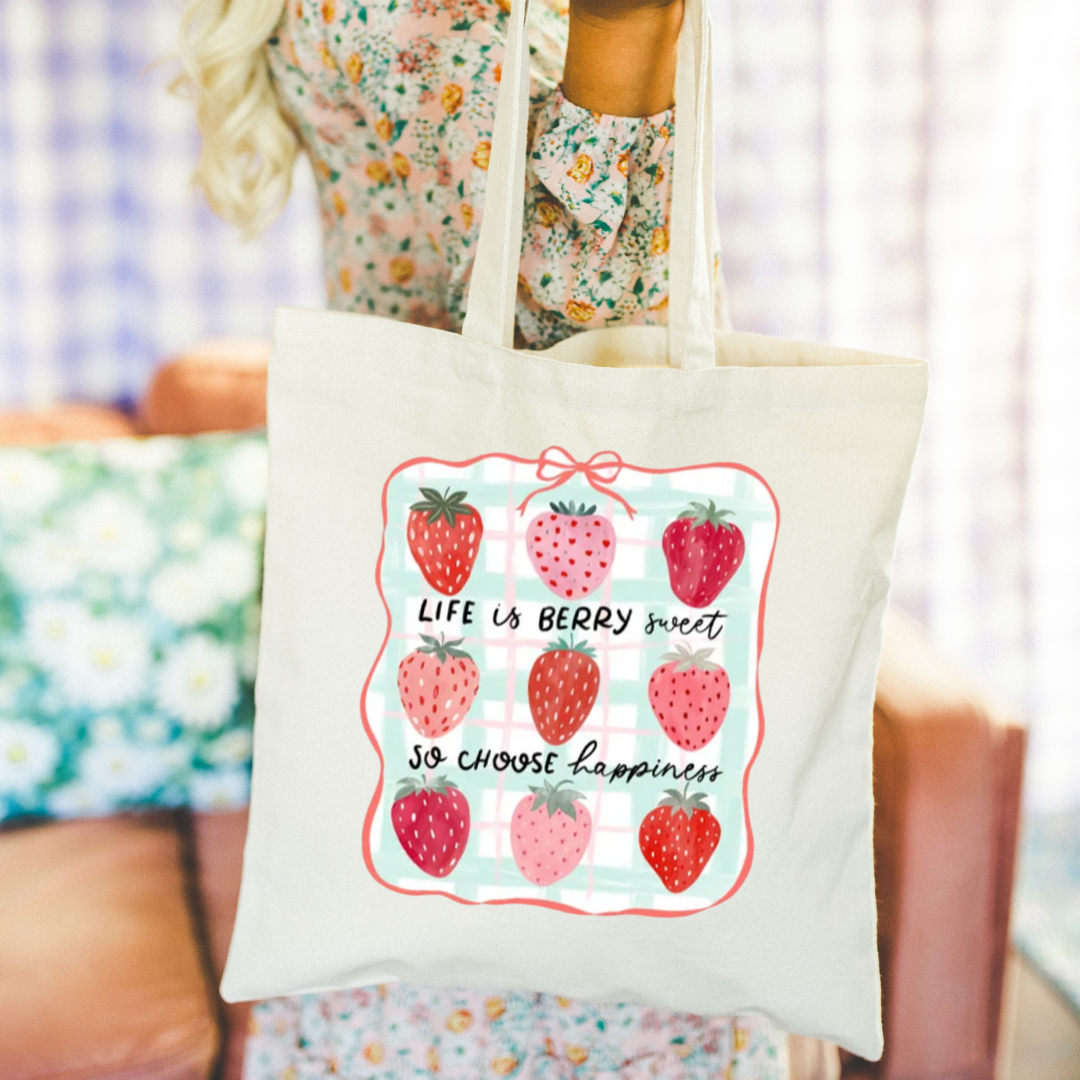 Strawberry Print Tote Bag – “Life is Berry Sweet” Inspirational Shopper