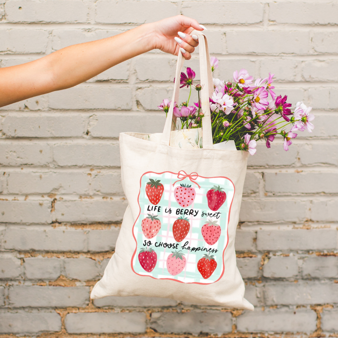 Strawberry Print Tote Bag – “Life is Berry Sweet” Inspirational Shopper