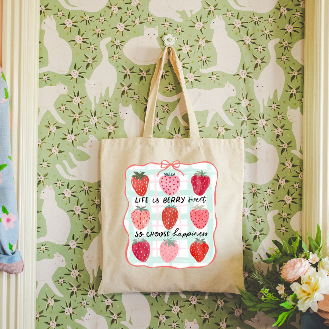 Strawberry Print Tote Bag – “Life is Berry Sweet” Inspirational Shopper