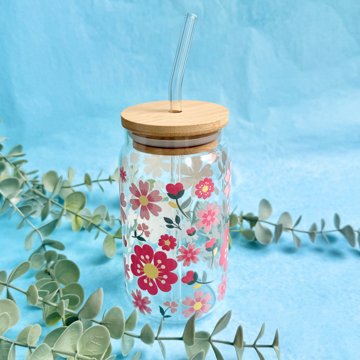 16oz Glass Tumbler With Lid & Straw - Blossom