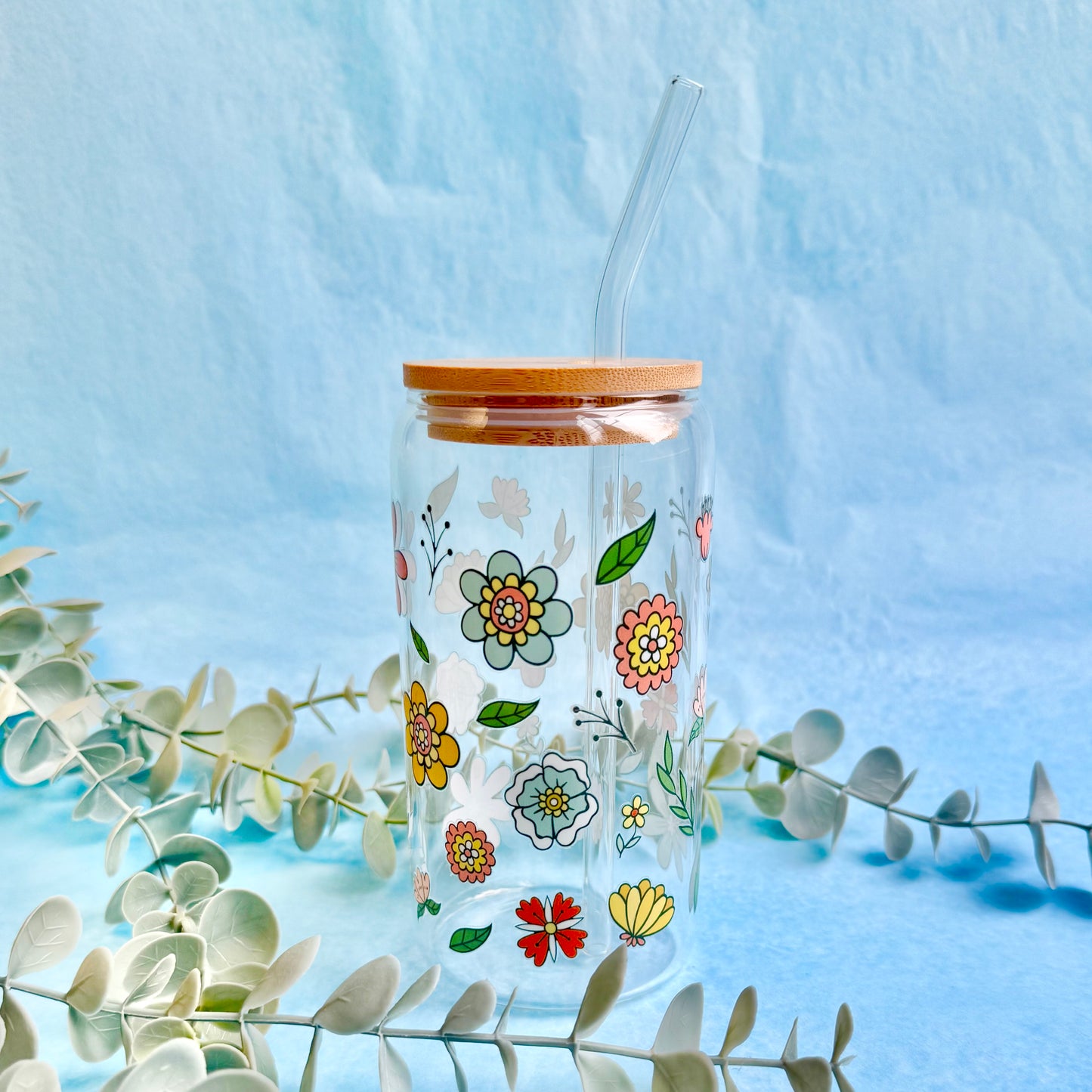 16oz Glass Tumbler With Lid & Straw - Retro Blooms