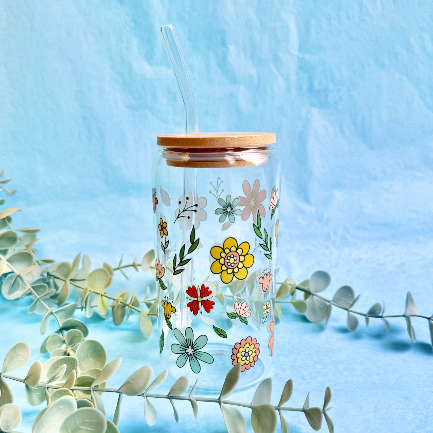 16oz Glass Tumbler With Lid & Straw - Retro Blooms