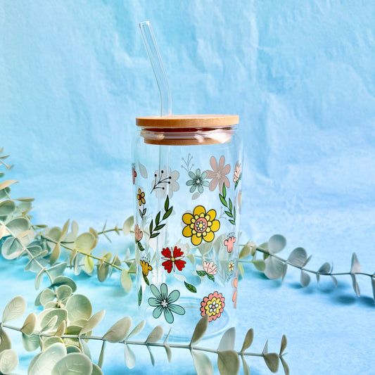Reusable Retro Blooms glass can cup filled with iced coffee or smoothie