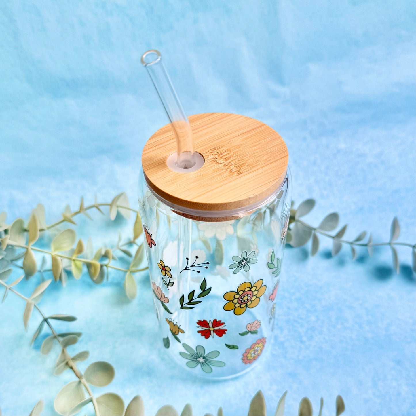 16oz Glass Tumbler With Lid & Straw - Retro Blooms