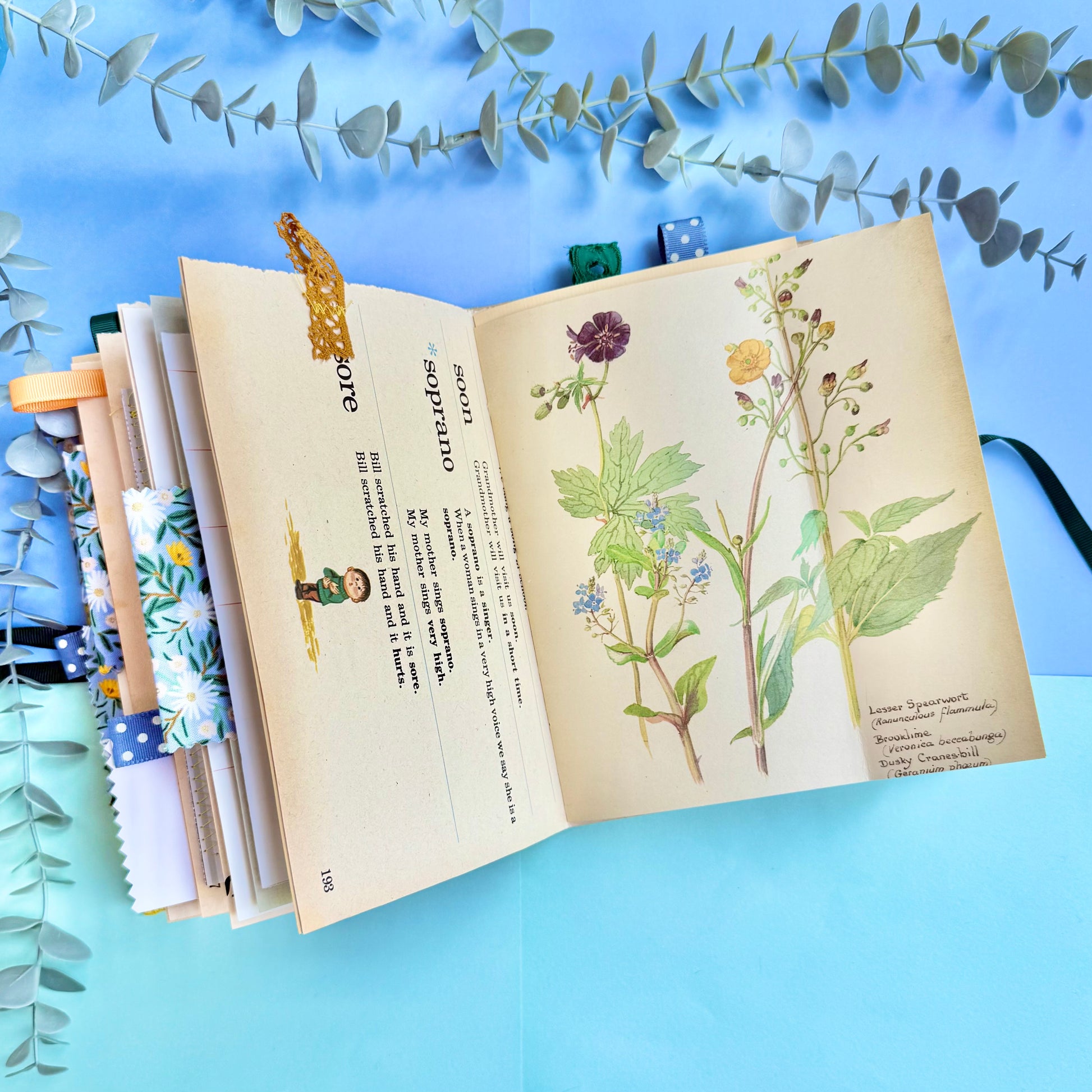 Open journal showing decorated pages with recycled and vintage papers