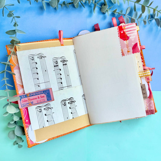 Handmade Journal with Hearts Fabric – Vintage Pages, Ribbon Tie & Ephemera