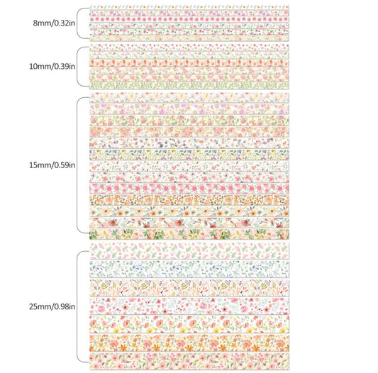 32 Roll Peach Floral Washi Tape Set with Cotton Drawstring Bag