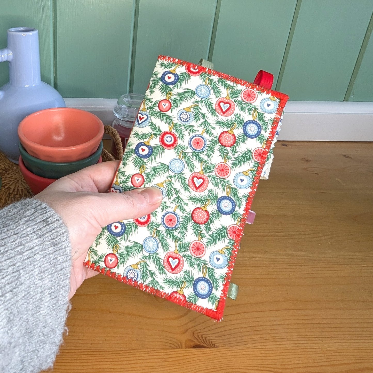Handmade fabric mini journals with ribbon tie for Christmas journaling or memory keeping