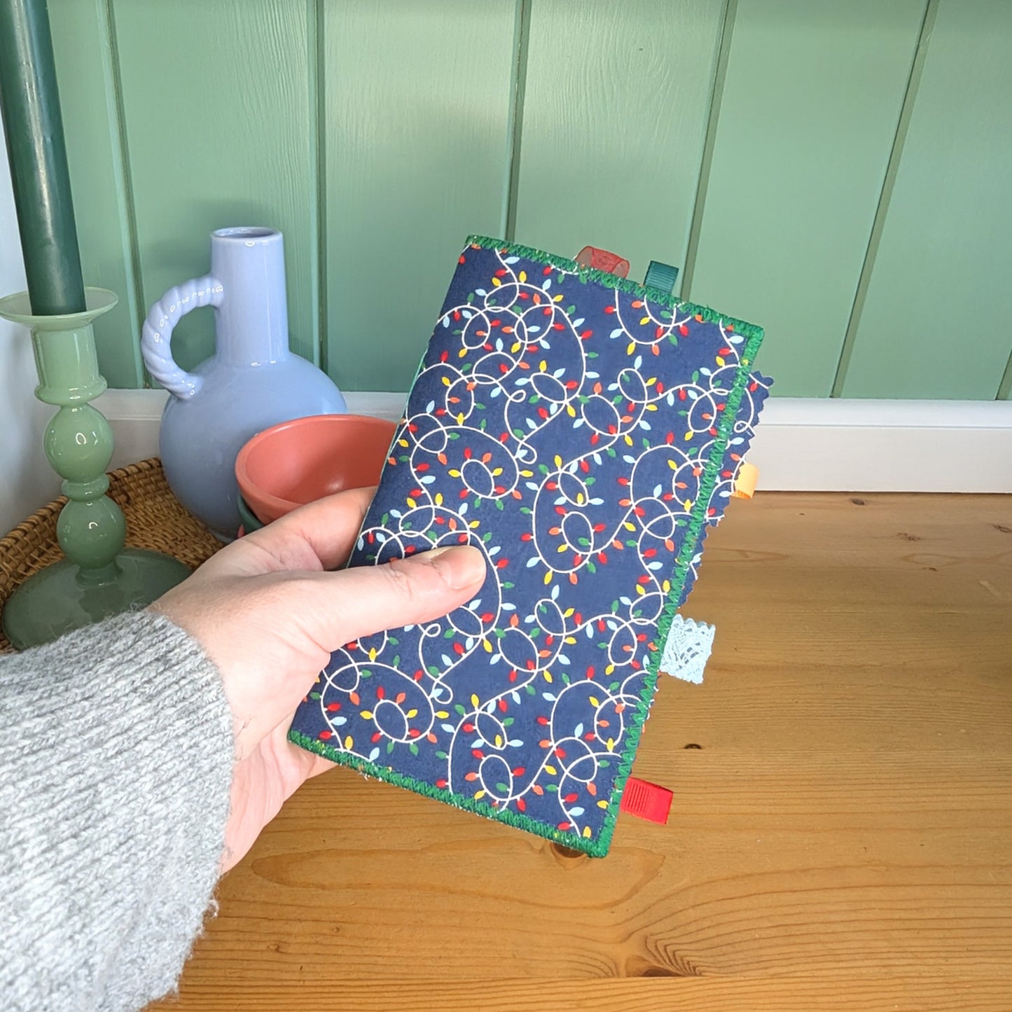 Handmade fabric mini journals with ribbon tie for Christmas journaling or memory keeping