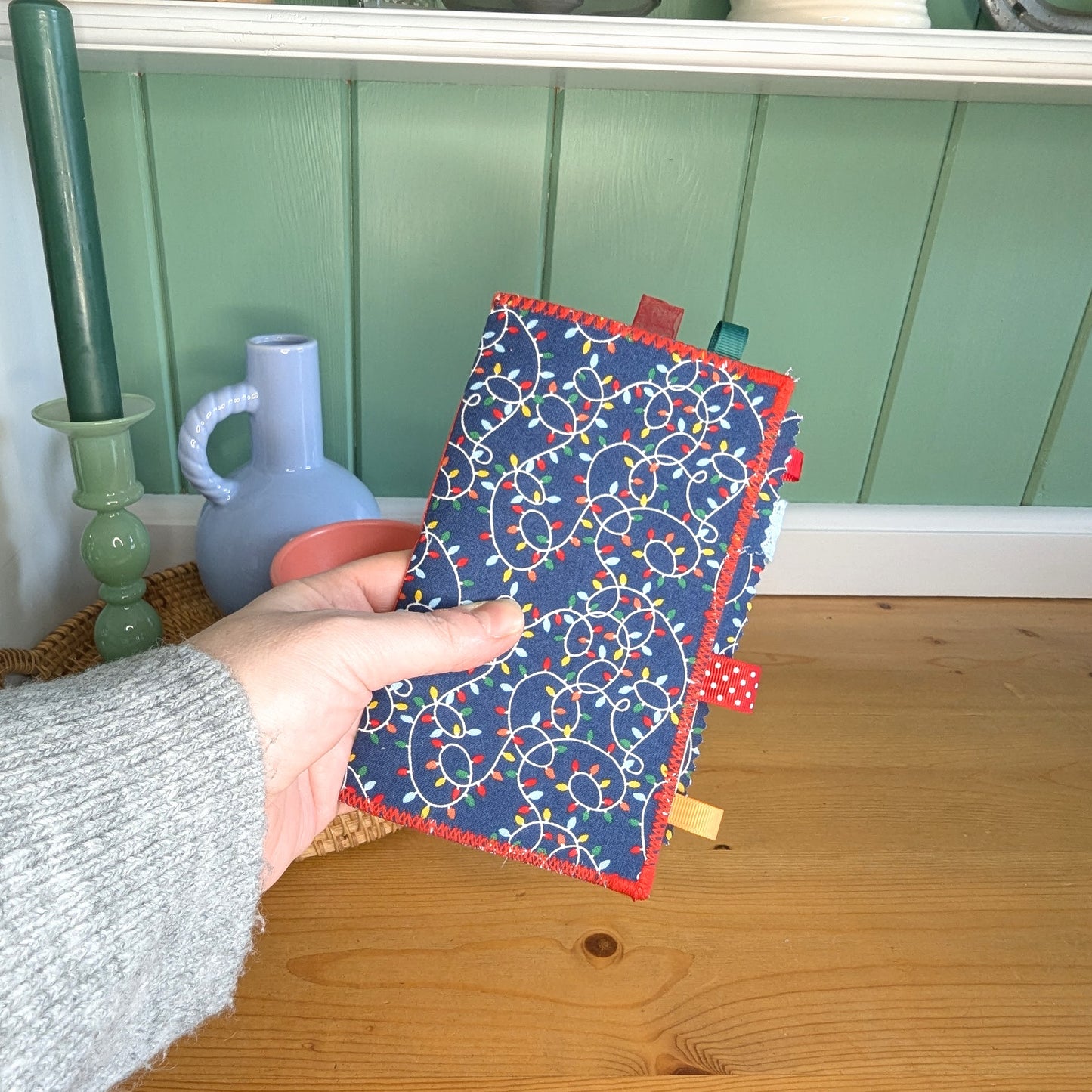 Handmade fabric mini journals with ribbon tie for Christmas journaling or memory keeping