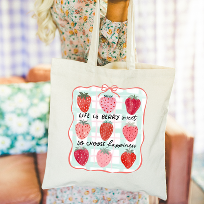 Strawberry Print Tote Bag – “Life is Berry Sweet” Inspirational Shopper