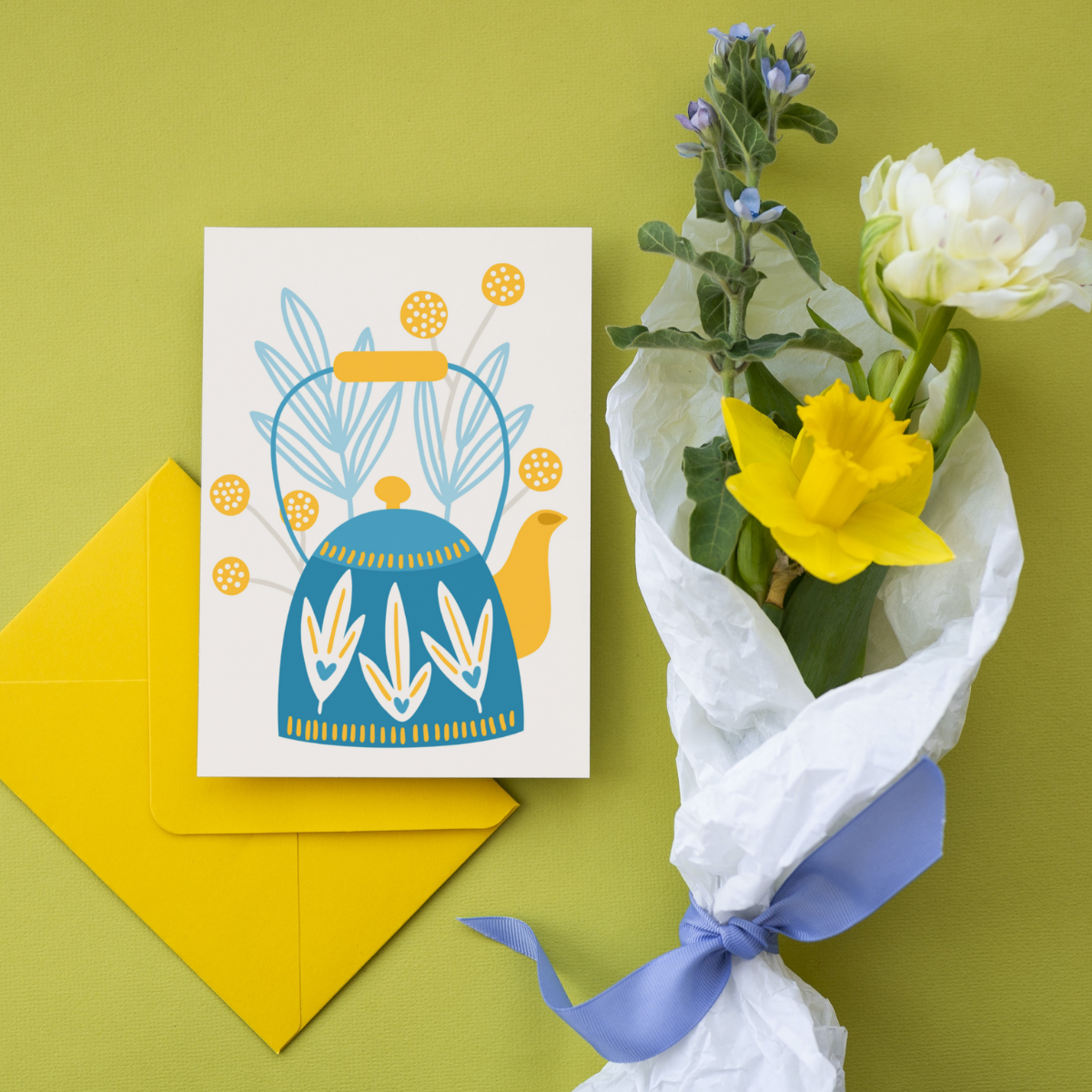 Floral Tea Time Kettle Greetings Card