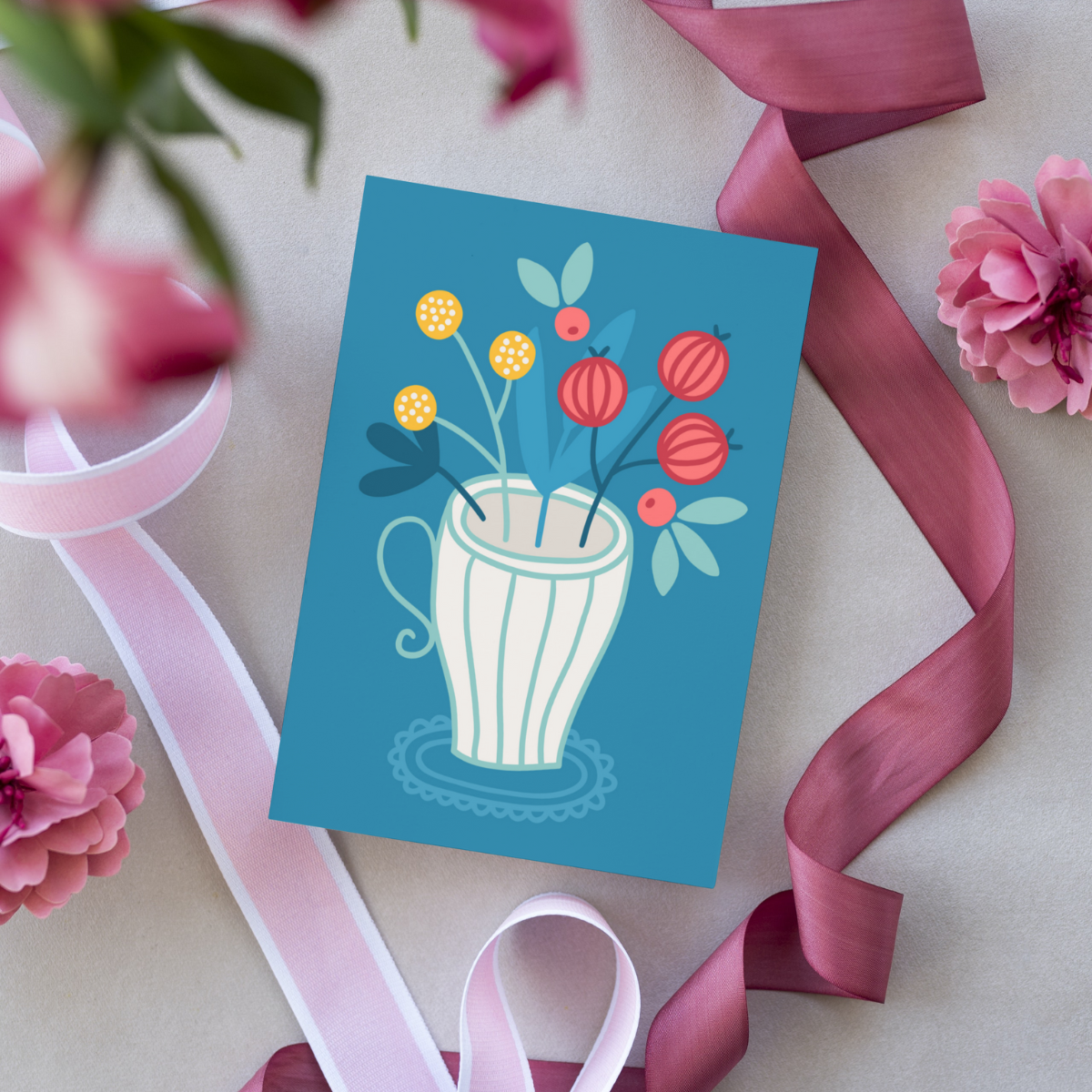 Floral Tea Time Mug Posy Greetings Card