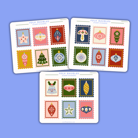 Folk Baubles Stamp Stickers – Festive Vinyl Stickers for Journals & Planners