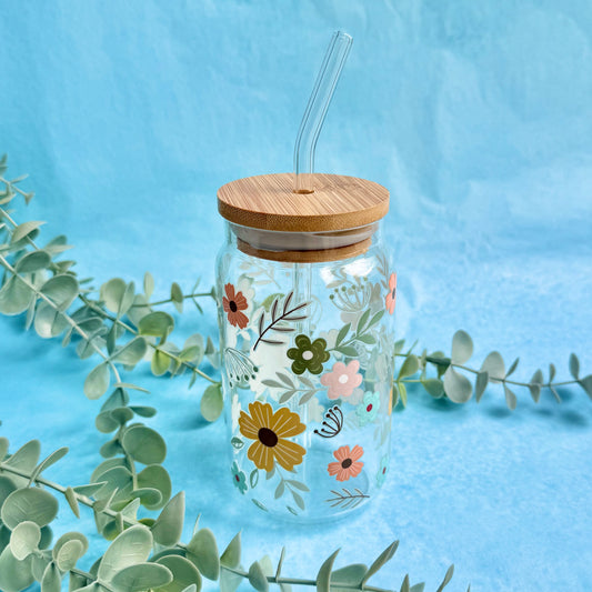 16oz Glass Tumbler With Lid & Straw - Cottage Floral