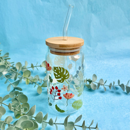 16oz Glass Tumbler With Lid & Straw - Berries & Leaves