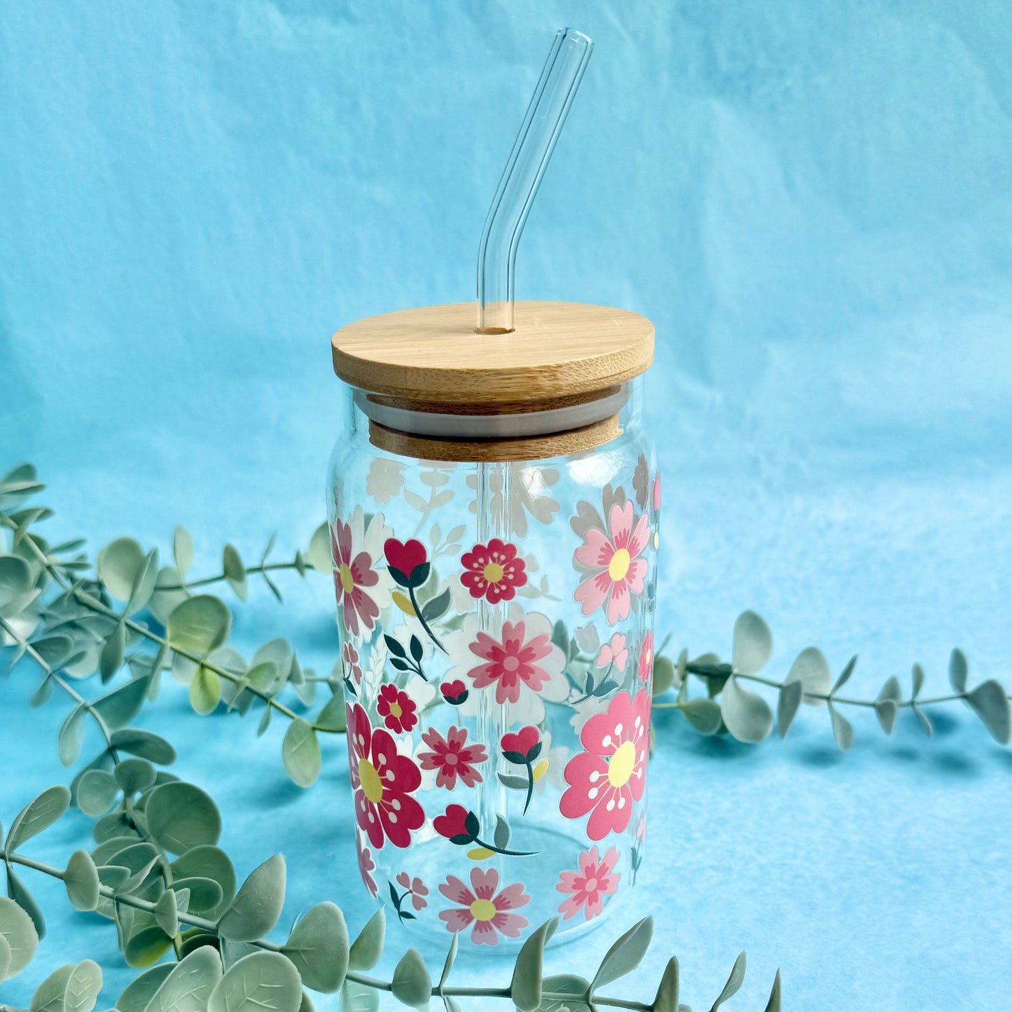 16oz Glass Tumbler With Lid & Straw - Blossom