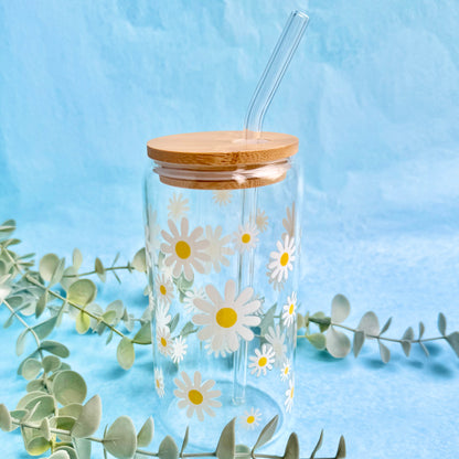 *SECONDS* 16oz Glass Tumbler With Lid & Straw - Daisies