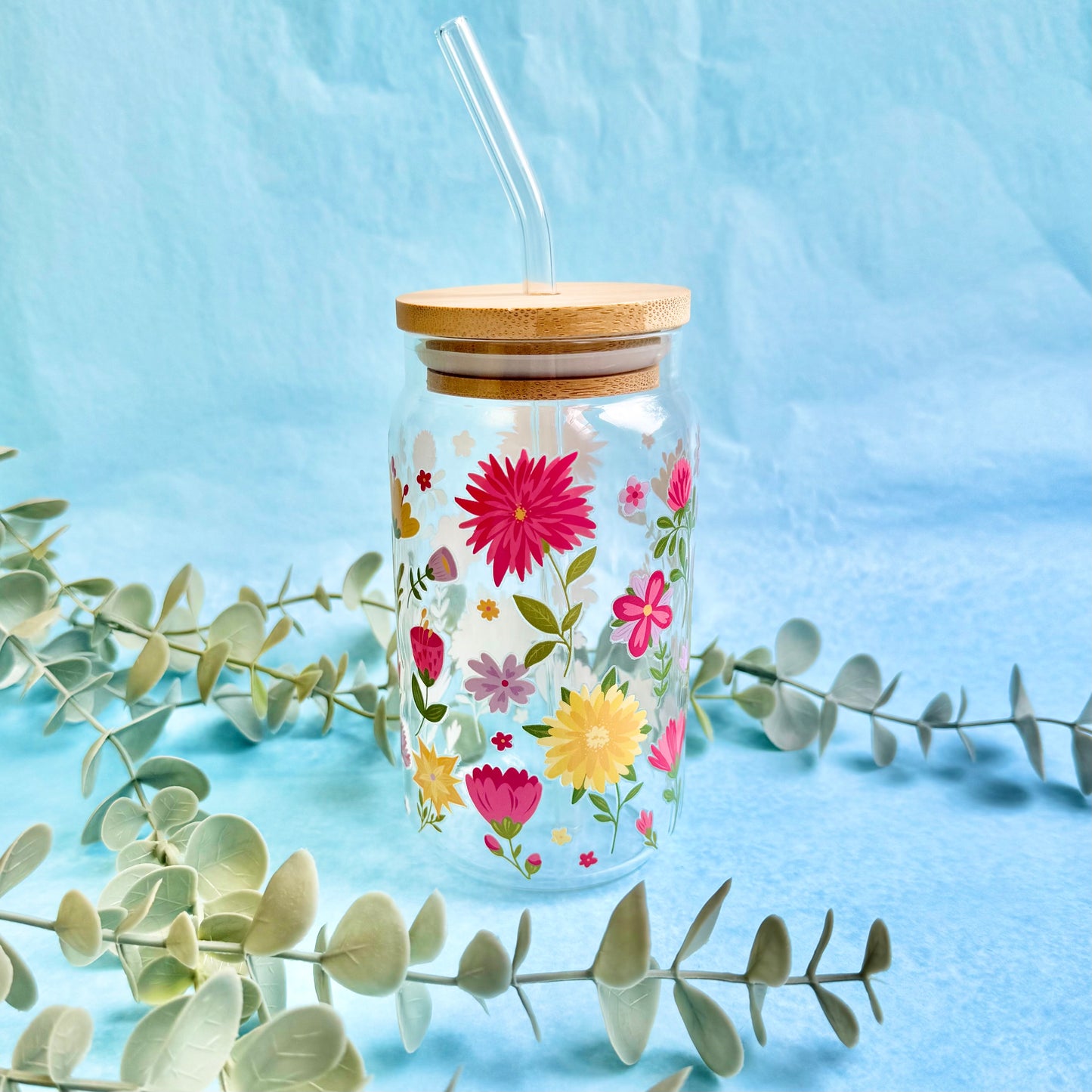 16oz Glass Tumbler With Lid & Straw - Summer Meadow