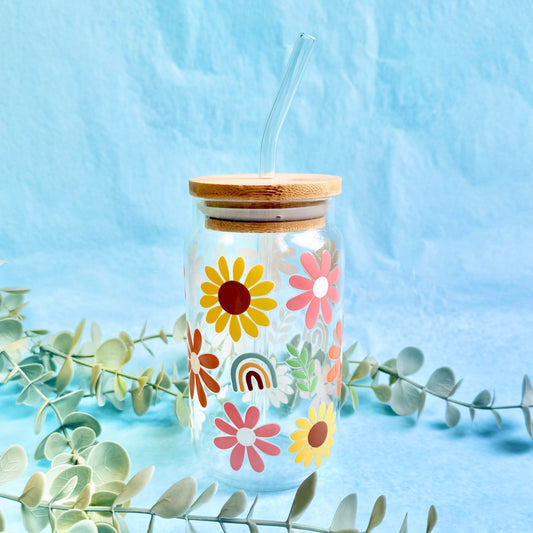16oz Glass Tumbler With Lid & Straw - Sunflowers & Rainbows