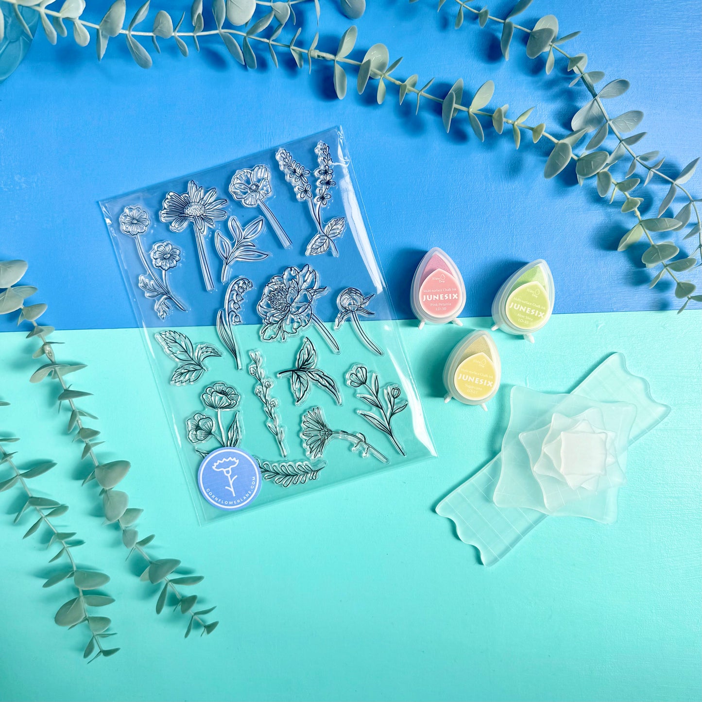 Floral Stamping Craft Kit – Silicone Stamp Set, Acrylic Blocks & Ink Pads