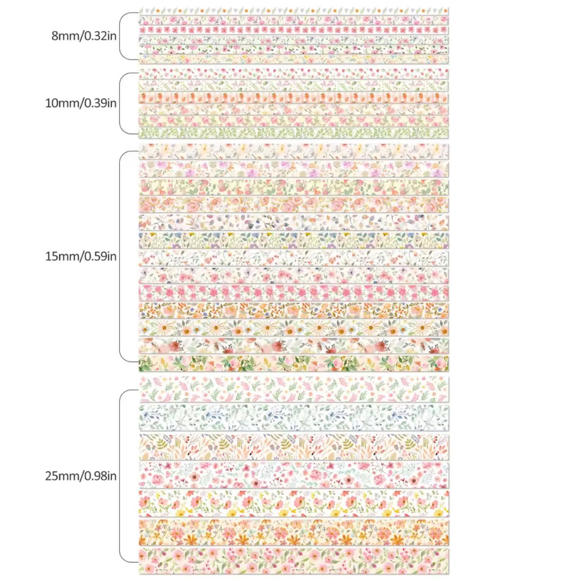 32 Roll Peach Floral Washi Tape Set with Cotton Drawstring Bag