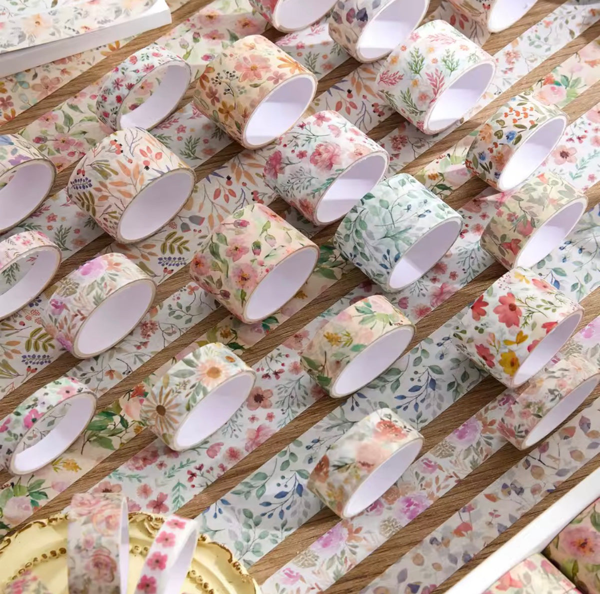 32 Roll Peach Floral Washi Tape Set with Cotton Drawstring Bag