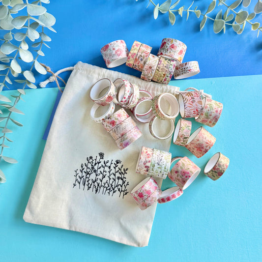 32 Roll Peachy Floral Washi Tape Set with Cotton Drawstring Bag