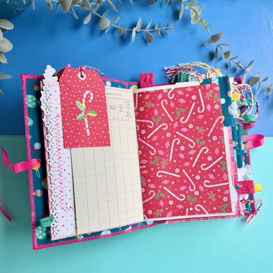 Handmade Christmas Journal - Liberty Tumbling Baubles Fabric Cover