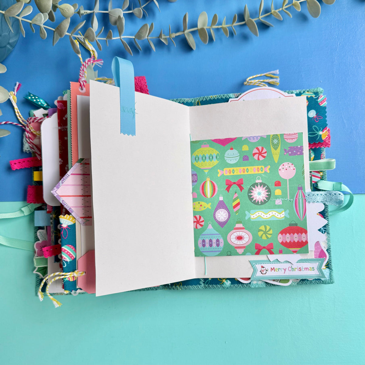 Handmade Christmas Journal - Liberty Tumbling Baubles Fabric Cover