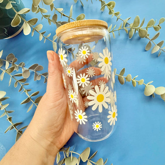 16oz Glass Tumbler With Lid & Straw - Daisies