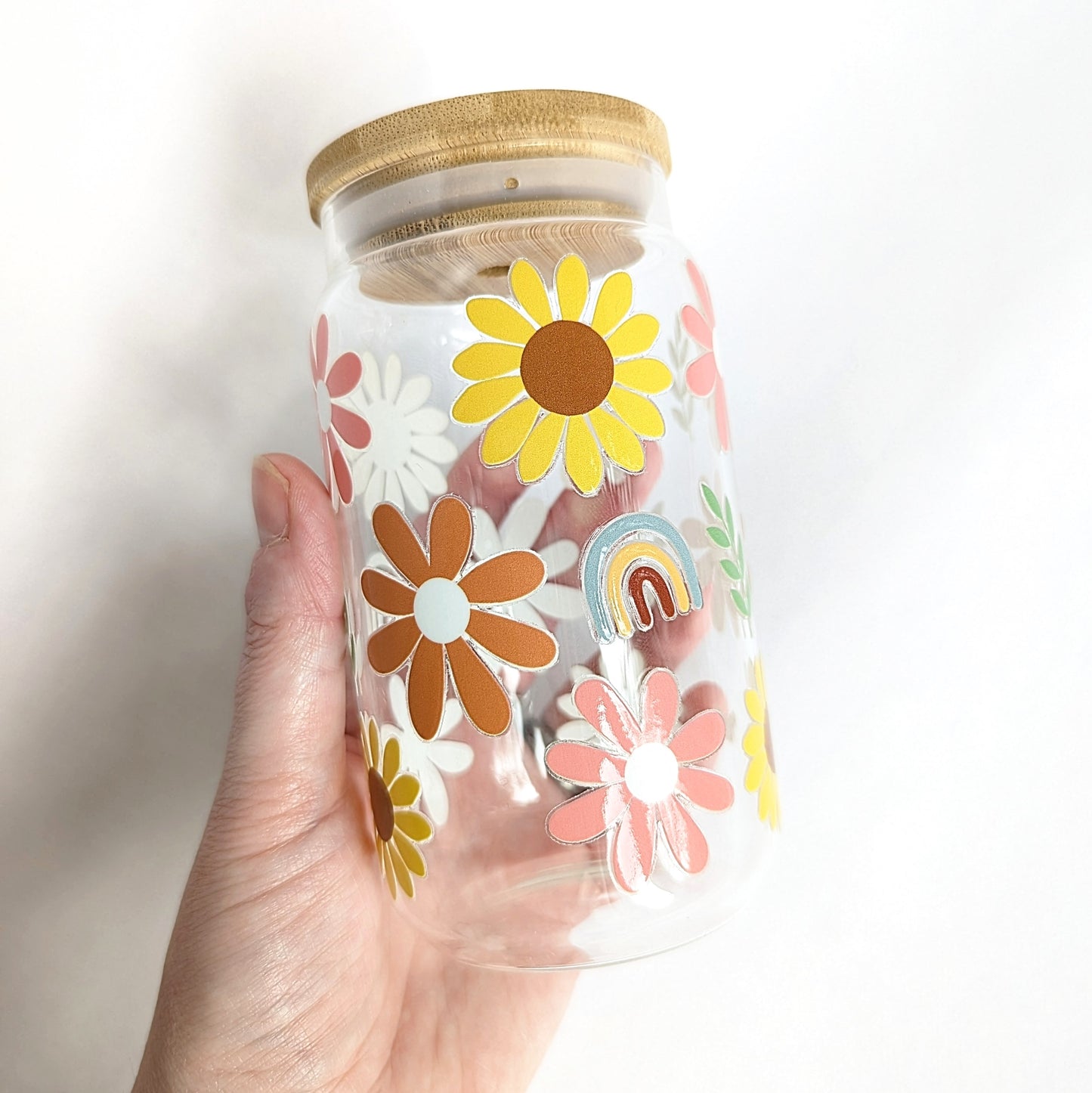 16oz Glass Tumbler With Lid & Straw - Sunflowers & Rainbows