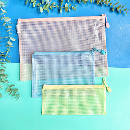 Pastel Mesh Zipper Pouch Set – Pack of 5 Storage Wallets