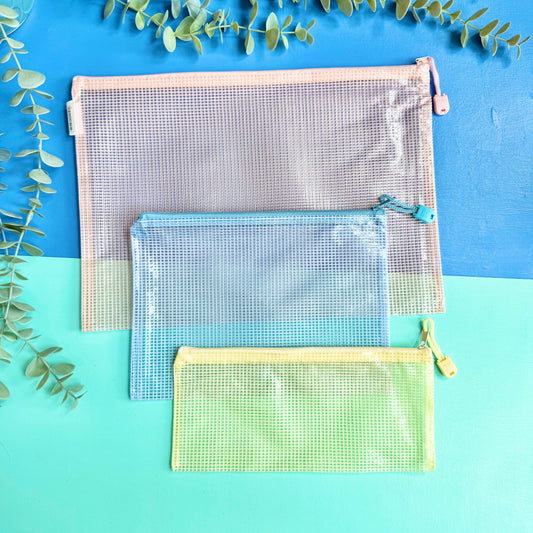 Pastel Mesh Zipper Pouch Set – Pack of 5 Storage Wallets