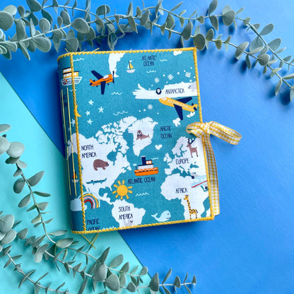 Handmade Travel Themed Fabric Cover Journal - Teal