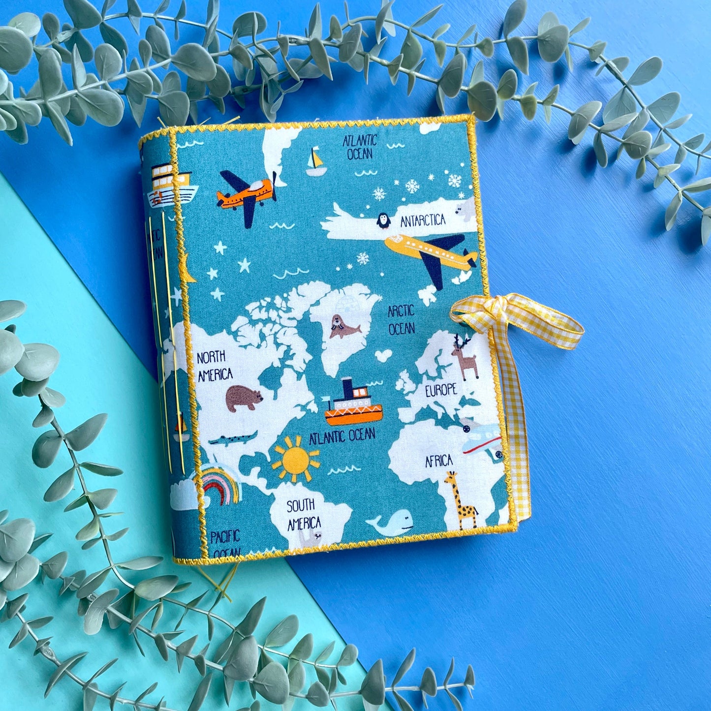 Handmade Travel Themed Fabric Cover Journal - Pale Blue