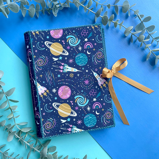 Galaxy Planets and Rockets Fabric Cover Handmade Journal