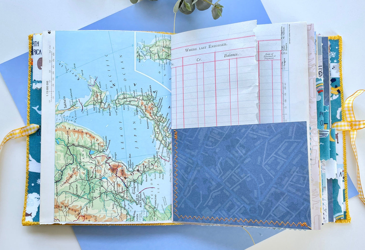 Handmade Travel Themed Fabric Cover Journal - Pale Blue